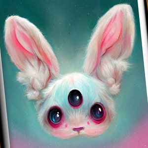 Three Eyed Pastel Bunny Artwork Print on A4 - Cute Pastel Goth Fantasy Rabbit