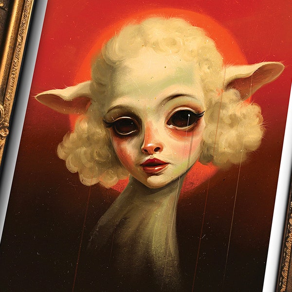 Gruseliges süßes Portrait eines Lammes Mädchen Kunstwerk Druck auf A5 - Lamm Frau Hybrid, Chimäre Kunst, niedliches unschuldiges Mädchen Horror Print