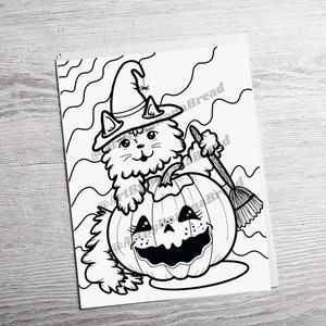 Adorable Witchy Halloween Cat and Jack-o&#39;-lantern Instant Download Printable Coloring Page