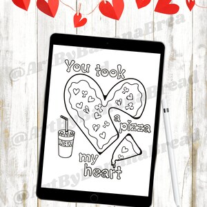 Puede incluir: Una p&aacute;gina para colorear imprimible en blanco y negro con una pizza en forma de coraz&oacute;n y una taza de refresco. El texto dice "Te comiste mi coraz&oacute;n".