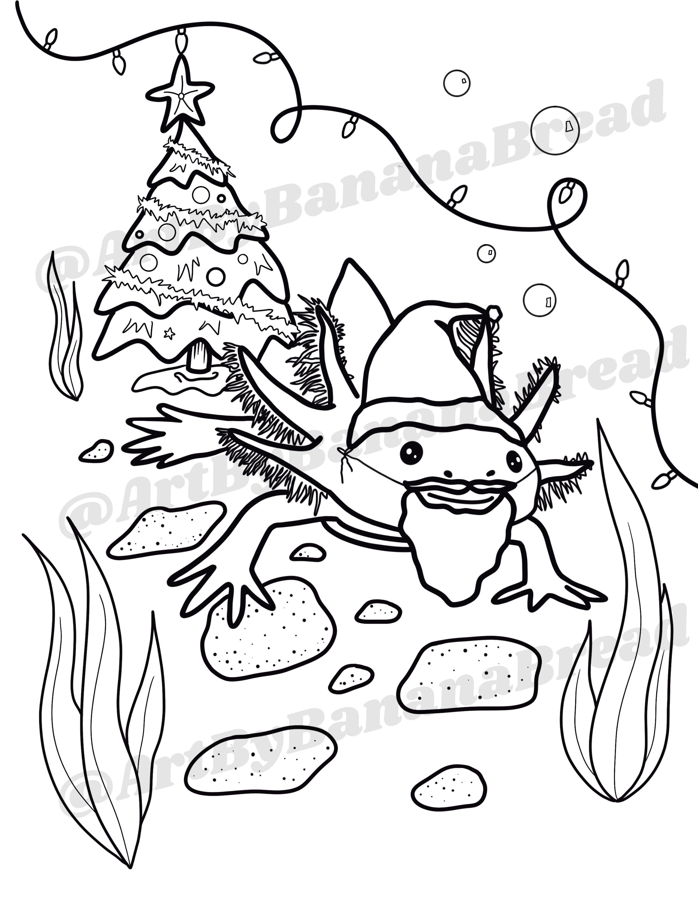 Kawaii Axolotl Santa Christmas Printable Coloring Page Instant Digital ...