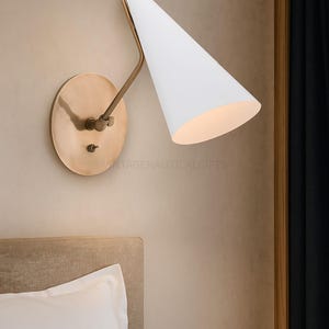 1950s Mid-Century Modern Clemente Single Wall Sconce Brass & White Cone Shade Light Vintage Style Italian light  Indoor Lighting Fixture