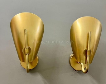 Pair of 2 Light Mini Curved Shades Vintage Brass Wall Mid Century Modern Raw Brass Sputnik wall light Fixture Brass Wall light Beetle Sconce