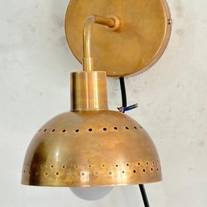 Handcrafted Vintage Industrial Brass Wall Sconce Light with Perforated Dome Shade -  Antique Lighting for Modern and Traditional Interiors