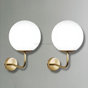 Pair of 2 Handmade Globe Sconce - Vintage Brass Wall Sconce with Opal Frosted Glass Globe - Mid-Century Modern Lighting - Halloween