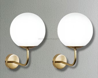 Handmade Brass Wall Sconce Pair: Mid-Century Modern Opal Glass Lighting