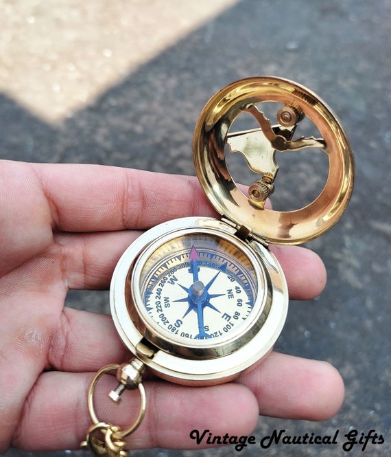 Nautical Sundial Compass Gift Brass Antique Pocket Push Button Sundial Compass. 