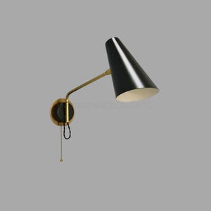 Mid-Century Modern Black Wall Sconce: Adjustable Brass Arm Cone Lamp