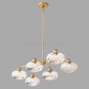 Mid-Century Modern Brass Chandelier: 6-Light Glass Globe Pendant
