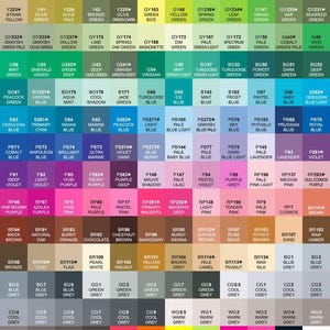 May include: Color chart with 204 colors, organized by color family.  The chart includes a variety of colors, including red, orange, yellow, green, blue, purple, pink, brown, gray, and black.  The chart also includes a variety of shades and tints of each color.  The chart is labeled "Touch Twin Marker 204 Hot Colors for Professionals".