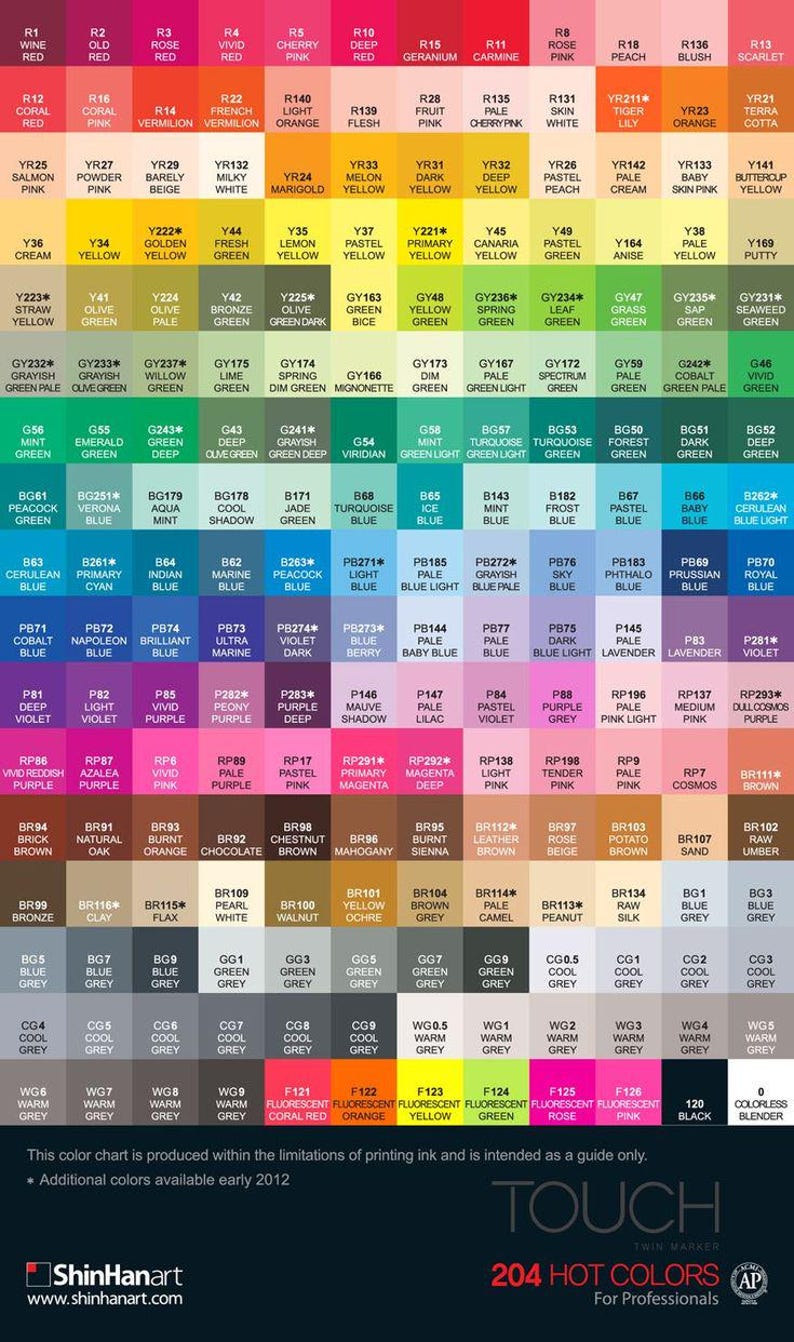 May include: Color chart with 204 colors, organized by color family.  The chart includes a variety of colors, including red, orange, yellow, green, blue, purple, pink, brown, gray, and black.  The chart also includes a variety of shades and tints of each color.  The chart is labeled "Touch Twin Marker 204 Hot Colors for Professionals".