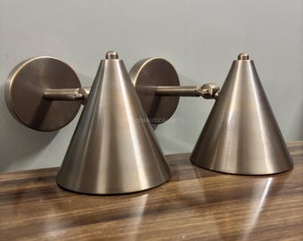 Pair of 2 Handmade Italian Brushed Brass Cone Wall Sconce – Modern Industrial Minimalist Lighting for Home Décor - New Year- Christmas Day