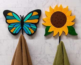 Hand towel hook, kitchen dish towel holder, bathroom hand towel hanger, sunflower decor, butterfly decor, wrought iron hook, wood wall hook