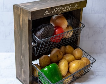 2-Tier Wooden Fruit and Vegetable Storage, Wire Baskets, Countertop Organizer, Farmhouse Kitchen Decor