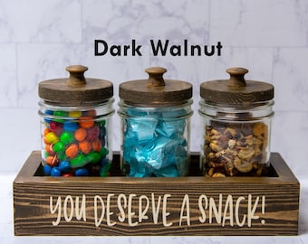 Snack tray with mason jars, candy jars, nut container, rustic wooden box, treat holder, home or office, kitchen counter, living room,