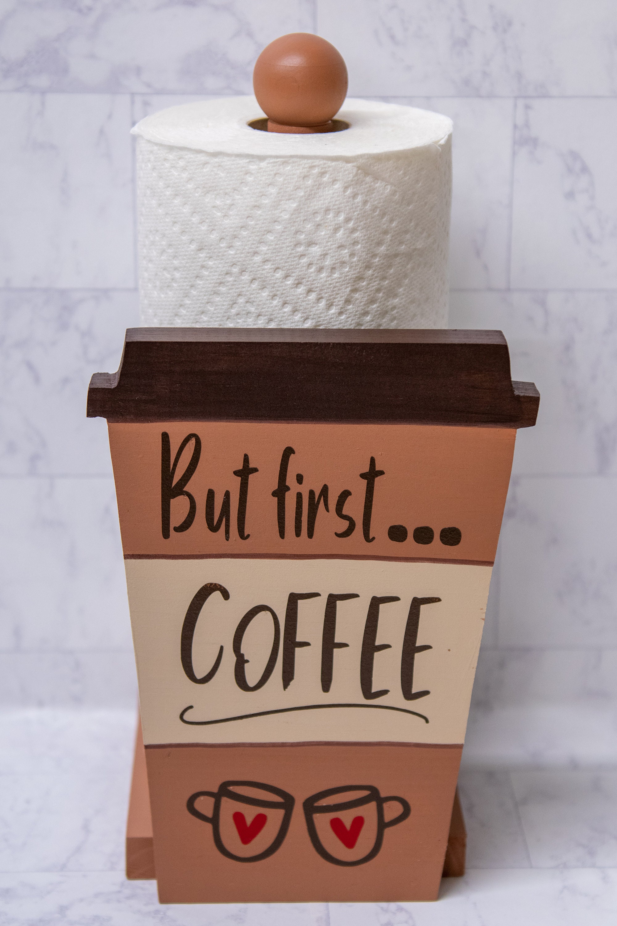 Standing Paper Towel Holder Picnic or Cookout Camper Decor Kitchen Counter Hand Painted Travel Coffee Mug but First Coffee Home Gift Etsy