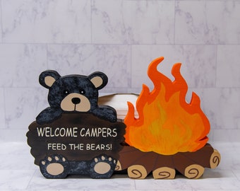 Tissue box, rectangle tissue storage, tissue holder, black bear with bonfire, bathroom decor, shelf decor, cabin or camper decor, giftable