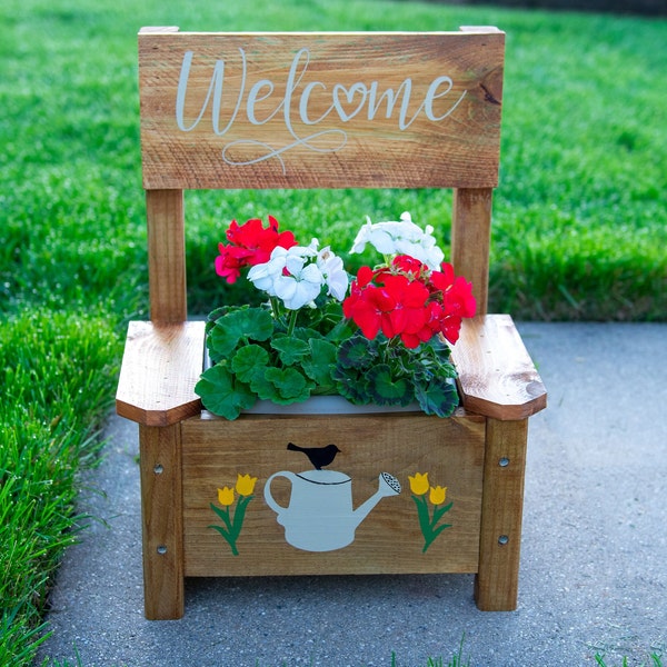 Flower bench, planter chair, rustic wood planter, flower pot, outdoor garden gift, gift for mom, welcome, pressure treated wood