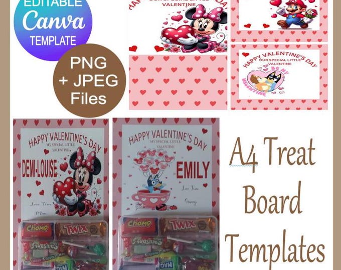 Valentines Treat Cards Canva Template, 4 Printable Valentines Jumbo Cards, Editable in Canva includes JPEGs and PNG Formats