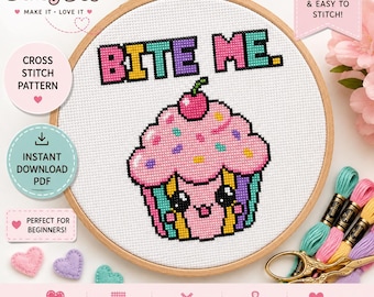 Kreuzstichmuster „Beiß mich Cupcake“ | Modernes, lustiges Design (PDF-Download)