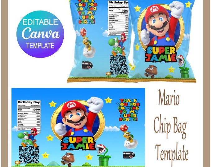 Mario Bros Chip Bag / Treat Bag Digital File, Personalised Mario Bros Party Bags, Editable  Canva Template, Easy To Personalise Party Bags