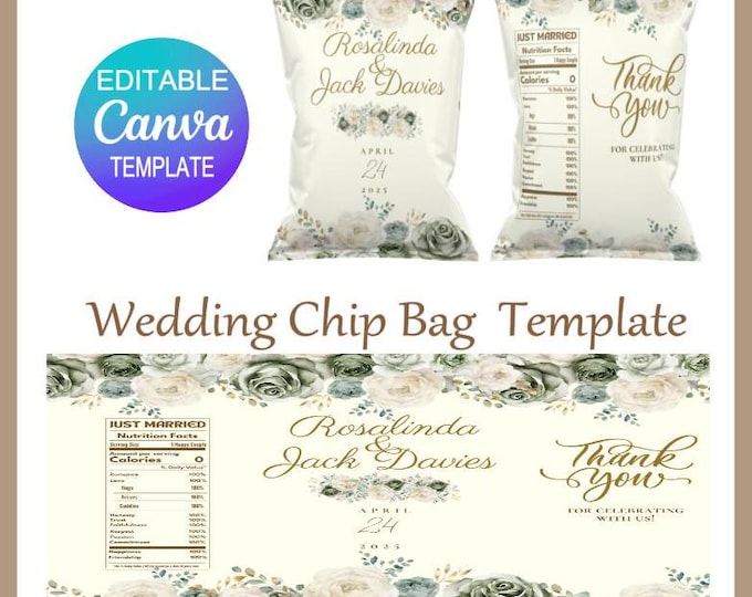Wedding Chip Bags - Editable in Canva - Digital Download - Canva Template - Elegant Floral Designs - Party Favours Packaging - Favour Bags