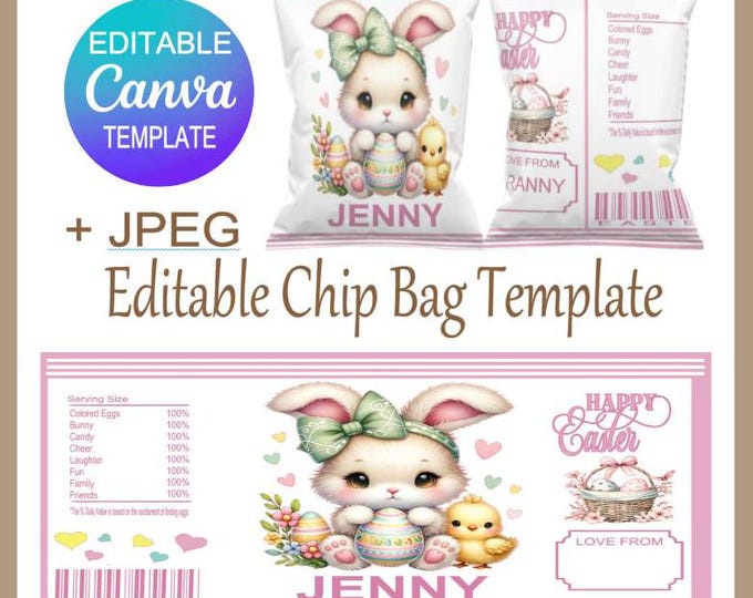 Easter Pink Bunny Chip Bag Editable Canva Template, Customised Easter Gift Bags, Personalised Easter Bags for Kids, including JPEG file