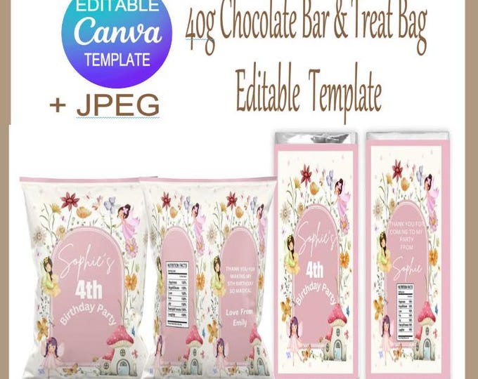 Fairy Party Favor, Digital Download, Personalised Fairy Chocolate Bar Wrapper, Fairy Treat Bag Template, Editable Canva Template & JPEG File