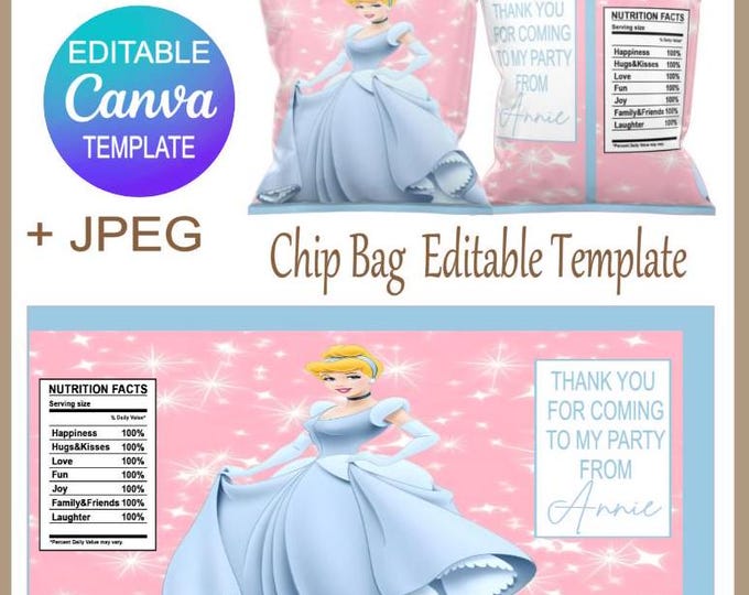 Cinderella Themed  Editable Chip Bag  Canva Template, for Birthday Parties, Fun Party Favours for Girls Party Favours, JPEG File Included