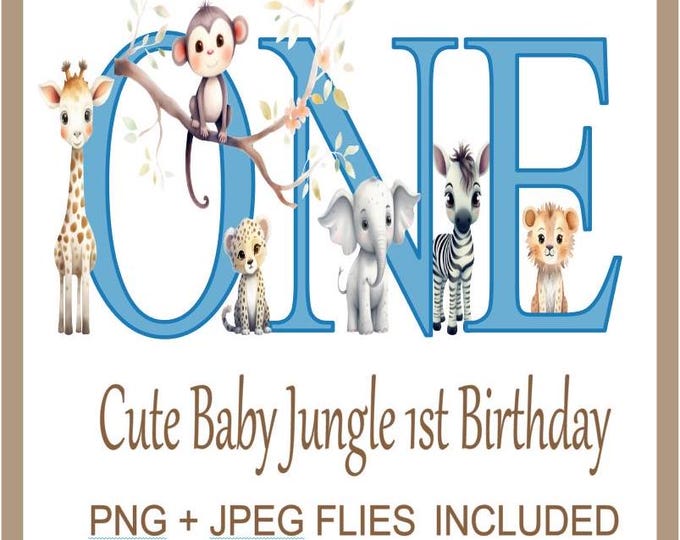 Safari Wild One Clipart Jungle Zoo Animals PNG, Blue Jungle 1st Birthday Clipart Use For On Cards T-shirt And Much More, Instant Download