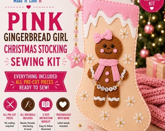 Nähset für einen personalisierten rosa Lebkuchen-Weihnachtsstrumpf | DIY-Weihnachtsbastelset aus Filz | Weihnachtsgeschenk