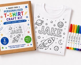 Personalisiertes T-Shirt Bastelset | Kinder DIY Stoff Stift Aktivität | Weltraumrakete (8 Stifte enthalten)