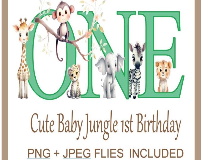 Safari Wild One Clipart Jungle Zoo Animals PNG, Green Jungle 1st Birthday Clipart Use For On Cards T-shirt And Much More, Instant Download