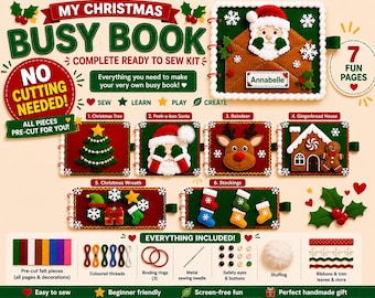 Quiet Book Kit | Personalisiertes Weihnachtsmann-Beschäftigten-Buch | DIY Filz-Bastelset | Vorgeschnittenes Filz-Nähset | Weihnachts-Aufenthaltsbuch für Kinder |