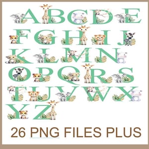 26 Alphabet Letters  PNG Files - Adorable Jungle Themed - Animals Doodle Bundle - Digital Download - Easy to Use - Party Supplies - for You