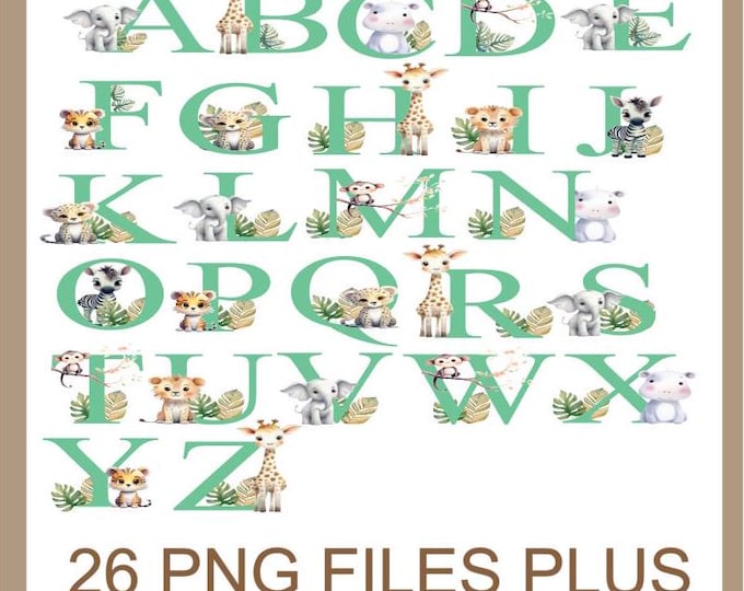 26 Alphabet Letters  PNG Files - Adorable Jungle Themed - Animals Doodle Bundle - Digital Download - Easy to Use - Party Supplies - for You