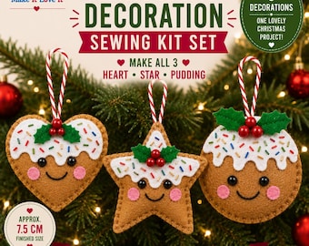 DIY-Weihnachtsdekorations-Nähset aus Filz | Herz, Stern, Pudding (vorgeschnitten)