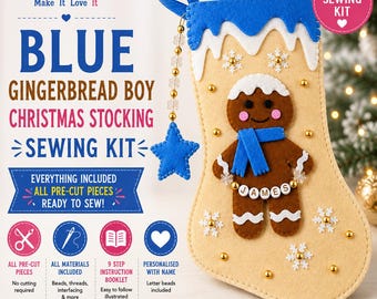 Weihnachtsstrumpf-Nähset | Blauer Lebkuchenmann-Filzstrumpf | DIY-Weihnachtsbastelset | Personalisierter Lebkuchenstrumpf