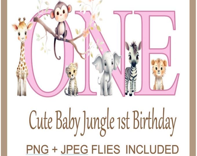 Safari Wild One Clipart Jungle Zoo Animals PNG, Pink Jungle 1st Birthday Clipart Use For On Cards T-shirts And Much More, Instant Download
