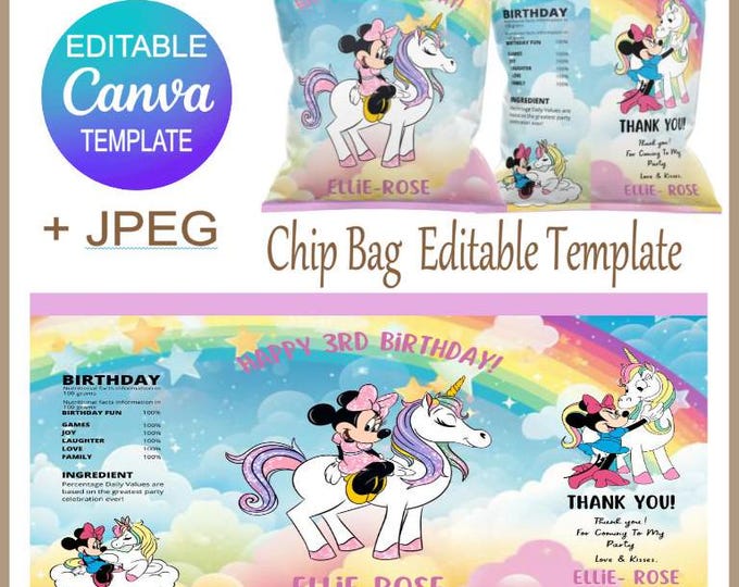 Minnie Mouse Party Bag - DIY Minnie Mouse Chip Bag Template - Canva Template - Minnie mouse  Birthday Parties  - Easy Download