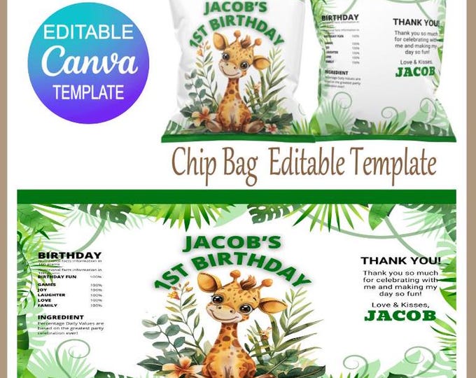 Editable Safari Chip Bag - Jungle Theme Design - Digital Download - Birthday Party Template - Animals Favor - Instant Party Decor - For 2025