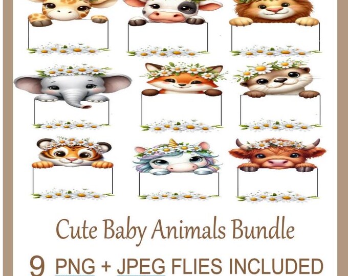 Cute Baby Animals 9 Clipart PNG and JPEG files, Cute Watercolour Animals Clipart, Instant Download