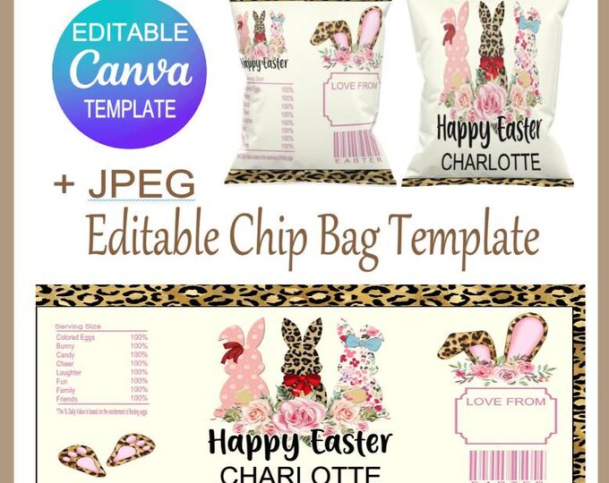 Easter Bunny Chip Bag Editable Canva Template, Customised Party Favour for Easter Celebrations, Perfect Easter Gift,  JPEG File included