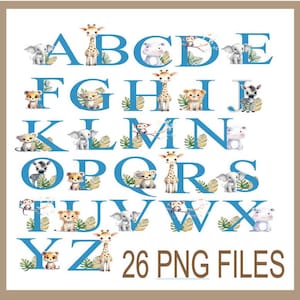 Arquivos PNG do alfabeto de animais, letras temáticas de selva, rabiscos de animais fofos, download digital, pacote de clipart de letras, fácil de modificar, crianças