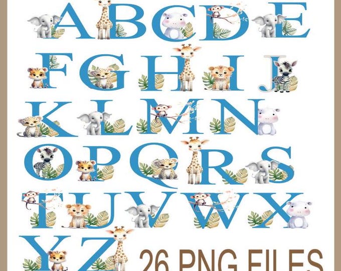 Animals Alphabet PNG Files, Jungle Themed Letters, Cute Animals Doodle, Digital Download, Letters Clipart Bundle, Easy to Modify, Kids