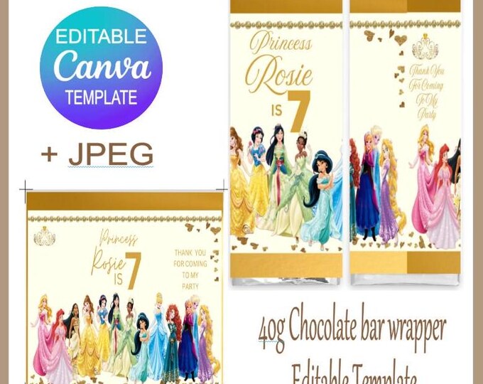 Princess Themed Chocolate Bar Canva Template, Editable Canva Princess Design for Party Favours, Ideal Gift for Little Ones*
