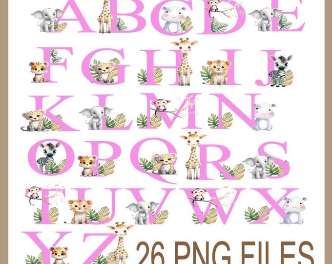 Pink Safari Letters - Quality PNG Files - Adorable Jungle Themed - Digital Download - 26 Alphabet Animal Font - Doodle Font for Children