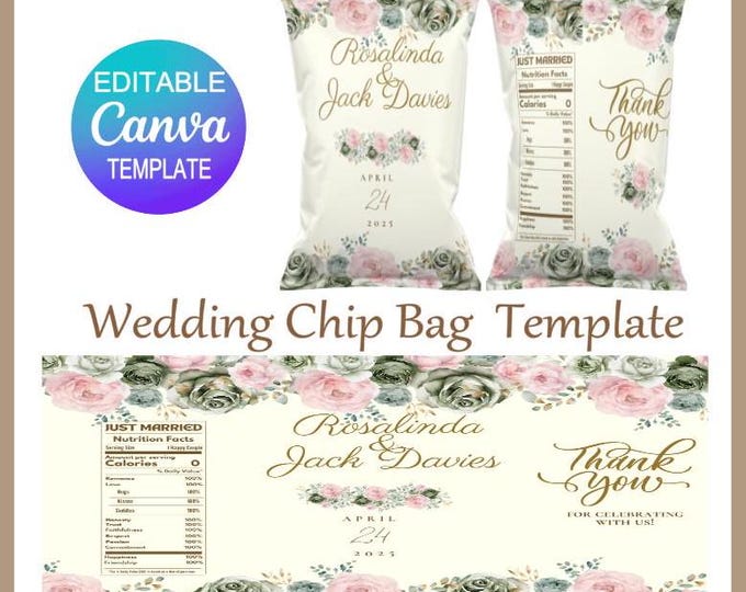 Wedding Favours Chip Bags - Digital Download - Editable Template - Just Married Chip Bag - Happy Wedding Chip Bag - Party Favors - for Canva