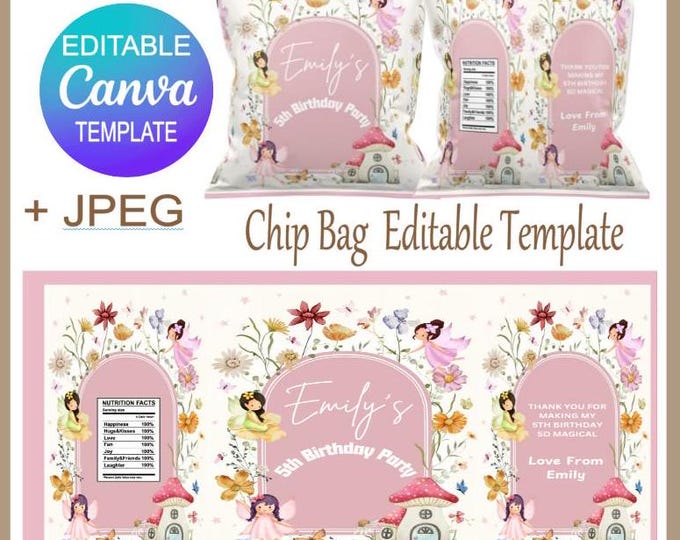 Fairy Party Favour Template - Fairy Birthday Parties - Canva Template - Digital Download - Fairy Birthday Party Chip Bags, Fairy Party Bags