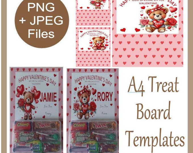 Valentines Treat Cards Canva Template, Jumbo Cards, 4 Printable Valentines Jumbo Cards, Editable in Canva includes JPEGs and PNG Formats